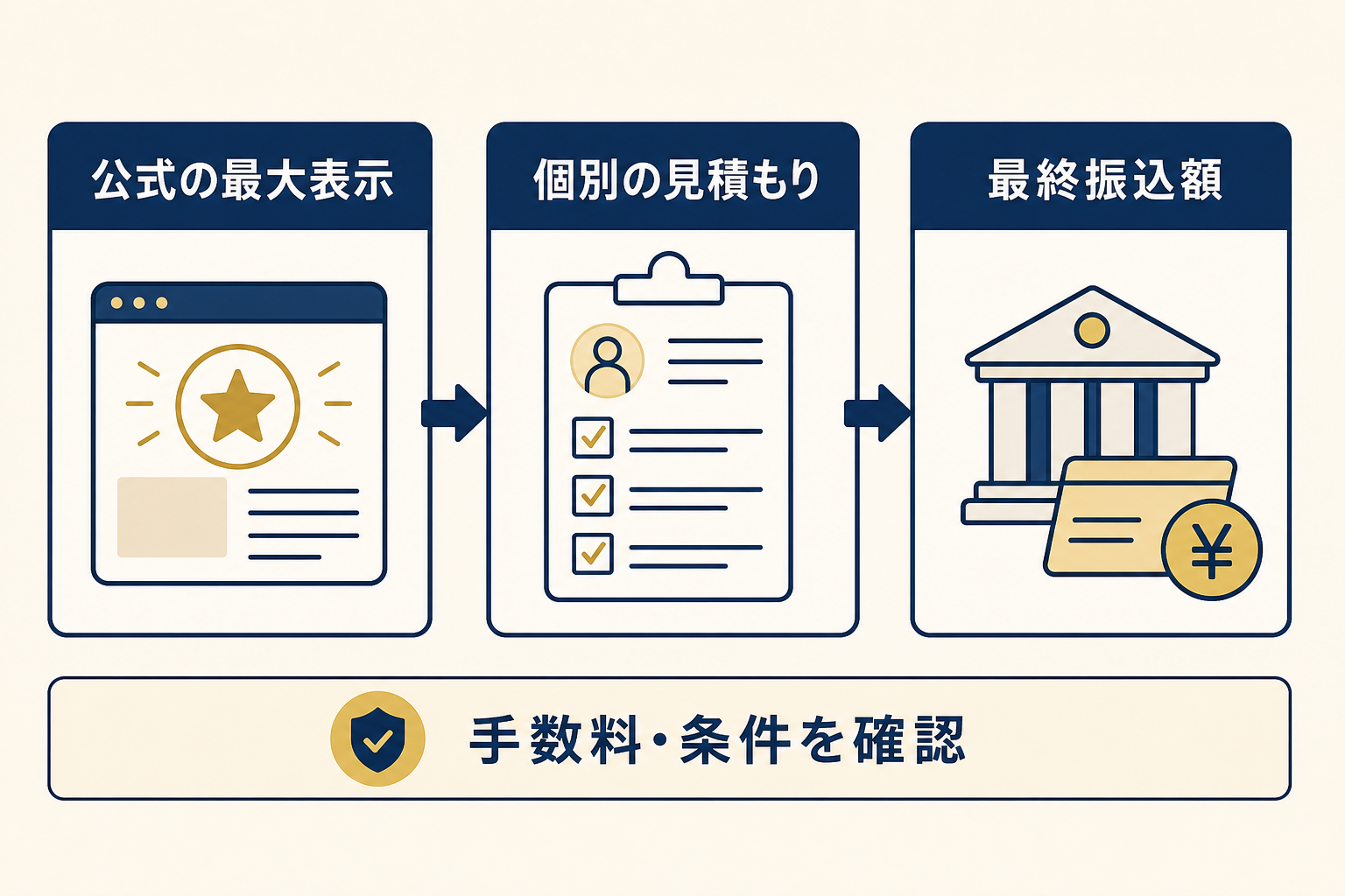 公式の最大表示から個別の見積もり、最終振込額までの確認手順