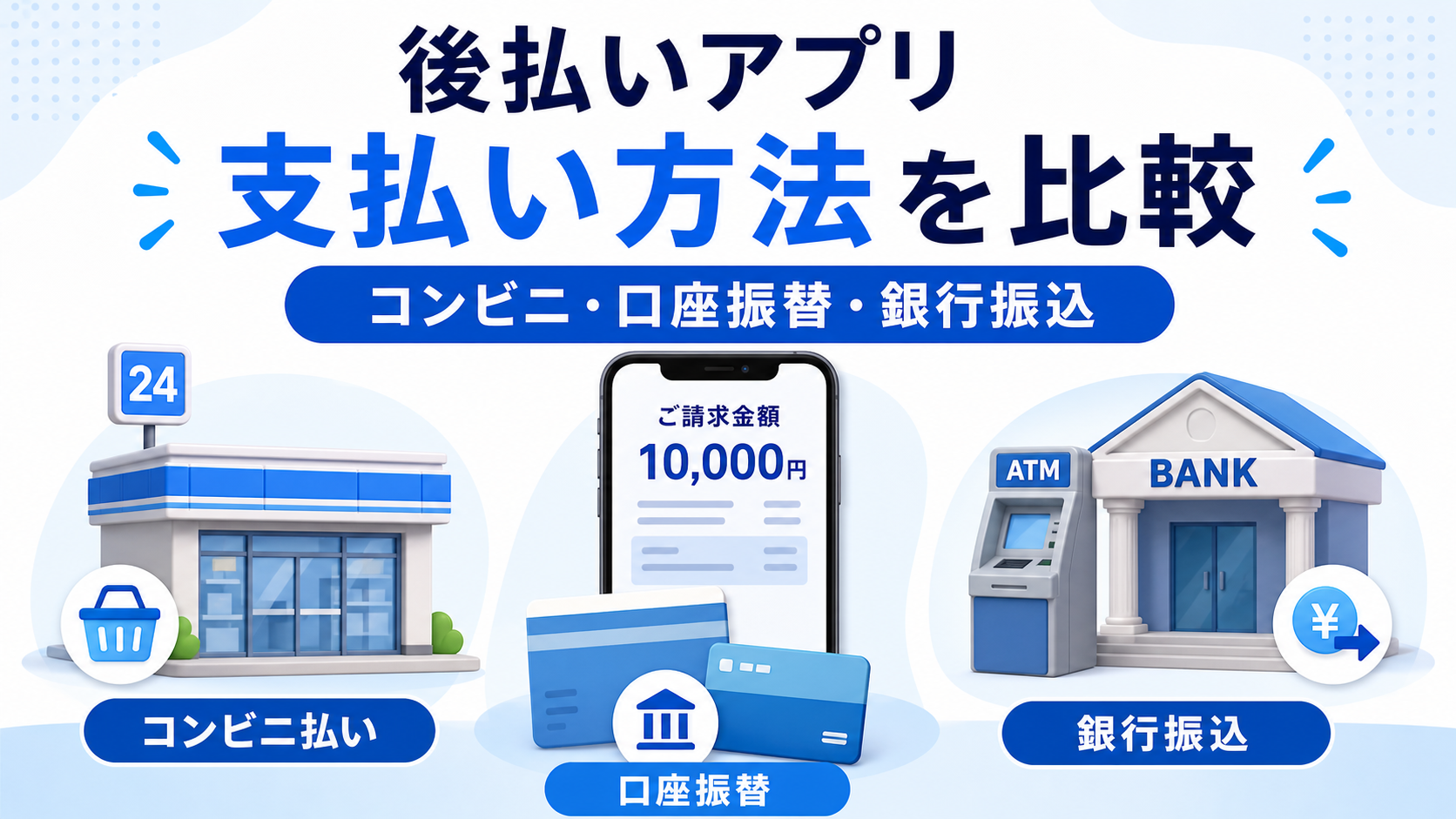 後払いアプリのコンビニ払い・口座振替・銀行振込を比較するアイキャッチ